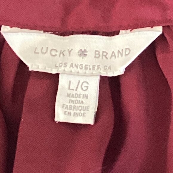 Lucky Brand Embroidered Tassel Tie Neck BOHO Peasant Top L Burgundy Red #224i - Picture 8 of 11